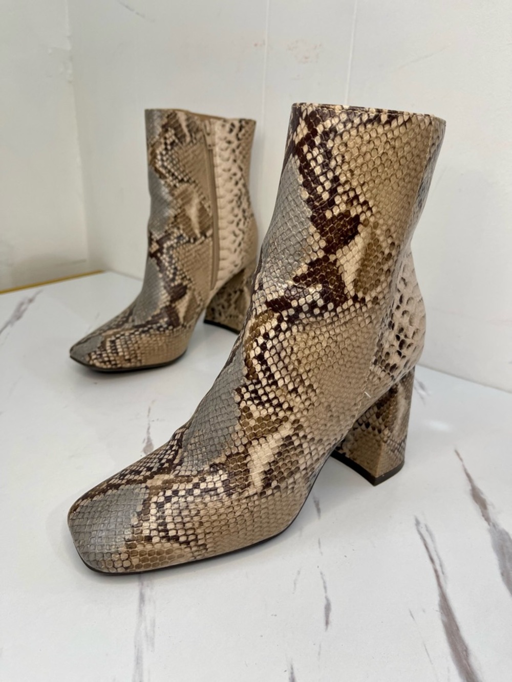 Snake-Print Block Heel Ankle Boots in Beige and Brown Size 7.5M